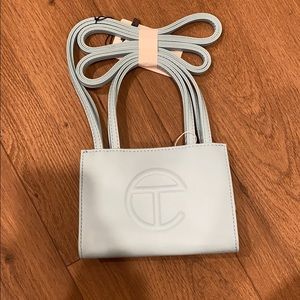 Telfar small blue shopping tote bag vegan leather